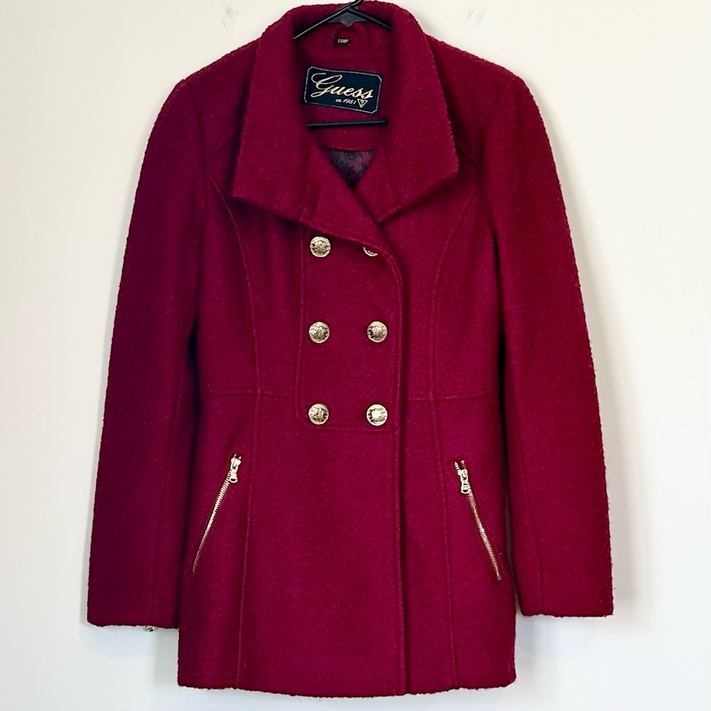 Guess Double-Breasted Pea Coat in Burgundy Red with Gold Buttons - Size: Small